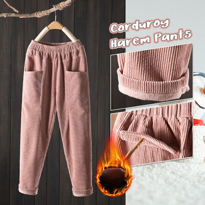 Women Elastic Waist Corduroy Pants Winter Warm Fleece Loose Cargo Baggy Trousers