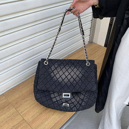 Medium/ Large Quilted Denim Shoulder Bag Flap Purse Handbag w/ Chains Tote Hobo