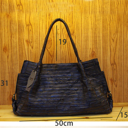 Genuine Leather Colorful Blocks Patchwork Handbags Large Capacity Women's Tote