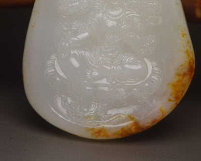 Chinese Natural Hetian Jade Carved Kwan Yin Statue Good Luck Pendant Jewelry Art