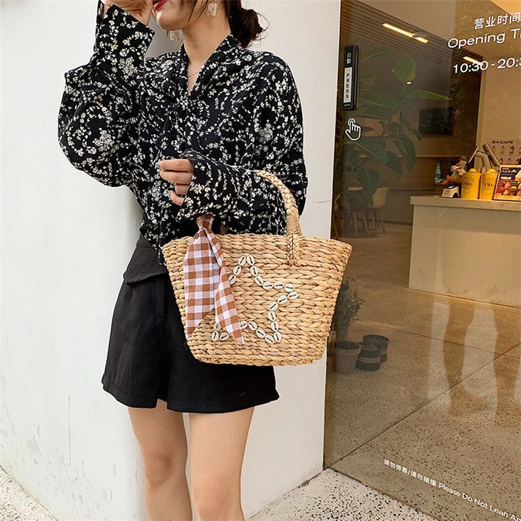 Straw Bag Natural Corns Shell Rattan Knitting Scarf Shoulder Woven Beach Handbag