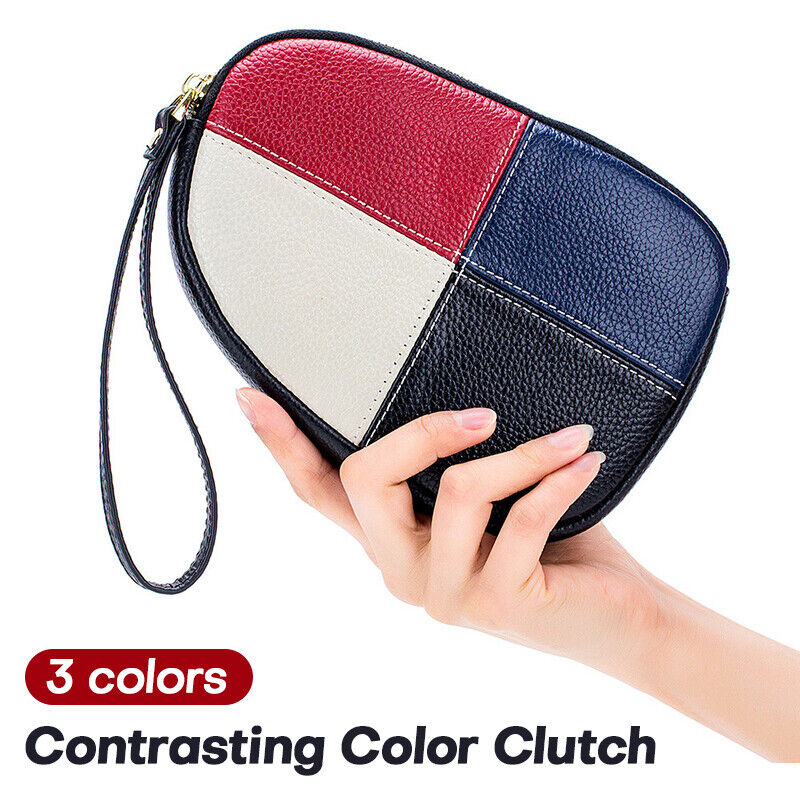Womens Leather Hand Collar Bag Zipper Contrast Color Cowhide Phone Clutch Wallet