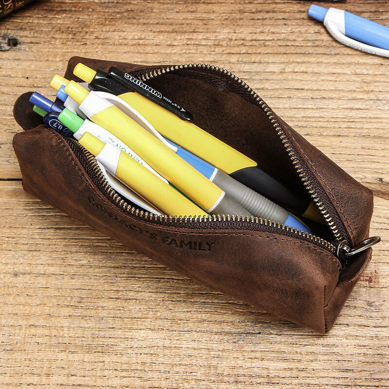 Handmade Cowhide Leather Pen Pouch Zipper Pencil Case Stationery Storage Pen Bag
