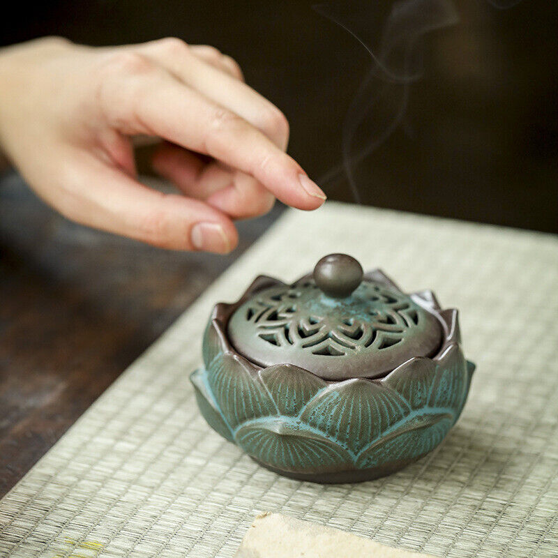 Chinese Retro Hollowed Out Lotus Green Pottery Plate Incense Burner Sandalwood