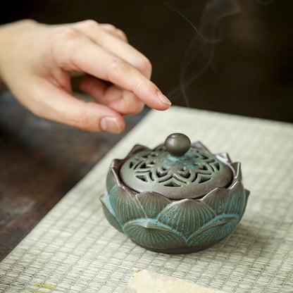 Chinese Retro Hollowed Out Lotus Green Pottery Plate Incense Burner Sandalwood