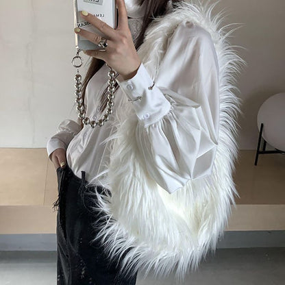 Faux Fur Bag Plush Shoulder Bags Handbag Purse Traveling Single Handle White 1PC
