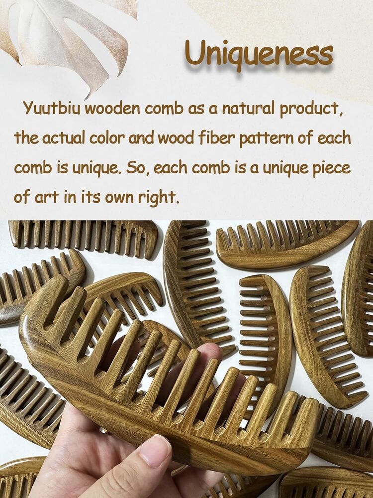 Wooden Hair Comb for Thick Hair No Handle Wide Tooth Comb Natural Green Sandalwo