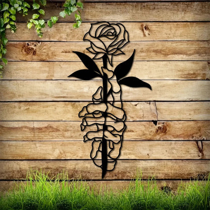 1pc Metal Deer Skull Hands Holding Flowers Art Wall Decor, Metal Wall Decor