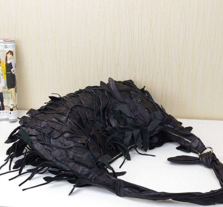 100% Genuine Leather Desinger Tassel Handbag Women's Black Tote Shoulder Bag