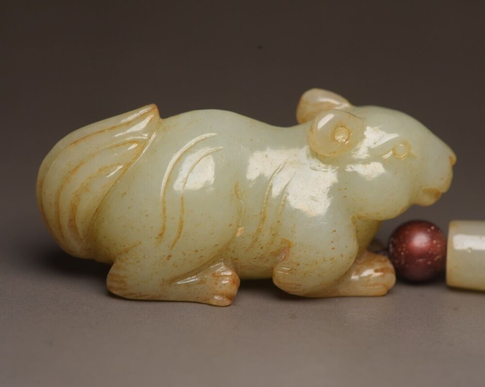 Chinese Hetian Jade Hand Carving Cute Small Squirrel Statue Nice Figurines Rare