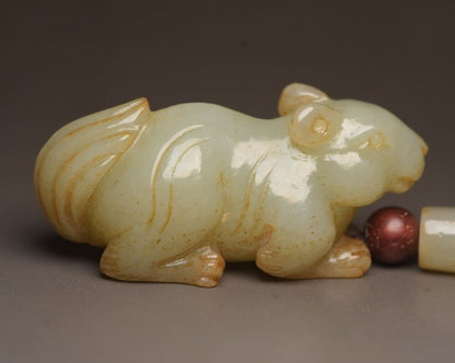 Chinese Hetian Jade Hand Carving Cute Small Squirrel Statue Nice Figurines Rare