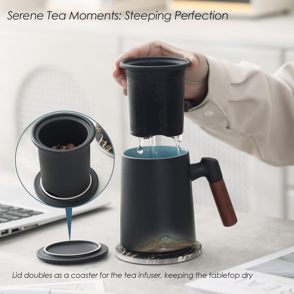Handmade Ceramic Tea Cup with Infuser & Lid Mug with Bamboo Handle Kitchen Decor