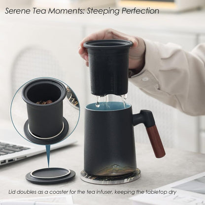 Handmade Ceramic Tea Cup with Infuser & Lid Mug with Bamboo Handle Kitchen Decor