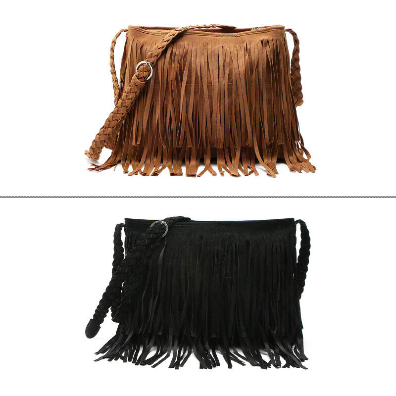 Tassel Crossbody Shoulder Bag Outdoor Travel Bag Suede Fabric Leather Women