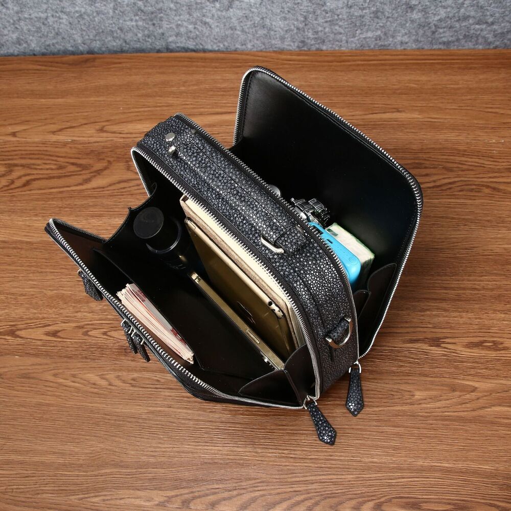 Black 100% Real Leather Shoulder Bag, Designer Pearl Fish Men's Business Handbag