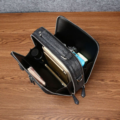 Black 100% Real Leather Shoulder Bag, Designer Pearl Fish Men's Business Handbag