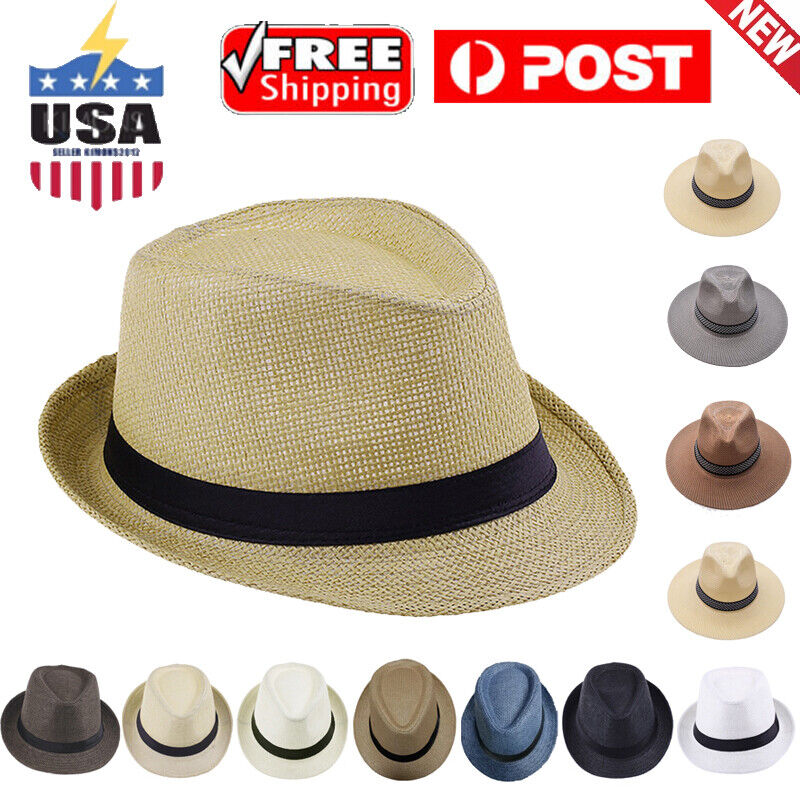 Men Women Straw Jazz Fedora Hat Trilby Cuban Sun Cap Panama Short Brim Summer*US