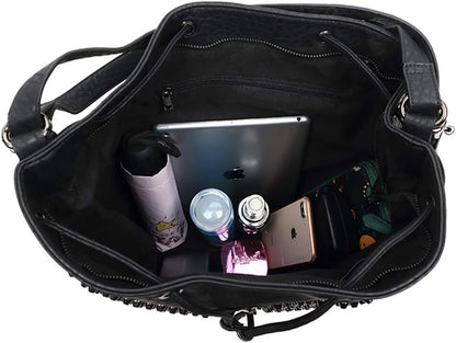Chikencall Over-size Studded Bucket Bag for Women,3 Ways Multifunction Black
