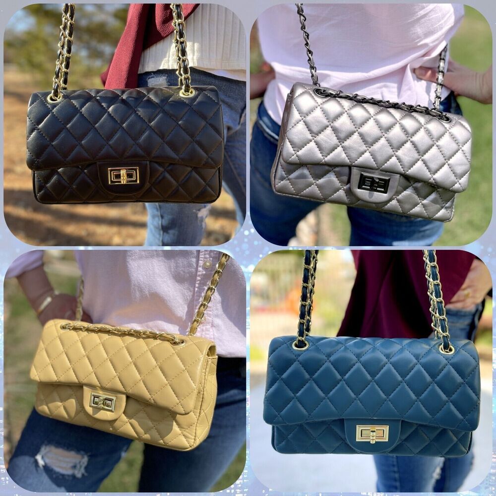 Women Classic Quilted Double Flap Shoulder Crossbody Leather Bag
