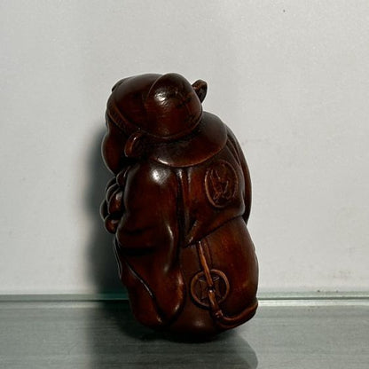 Chinese Vintage Boxwood Carving Mammon Statue Wooden Figurine Collectible Gift