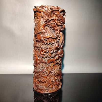 7"dragon statue desk study room chinese wood brush pot wooden decor carving home