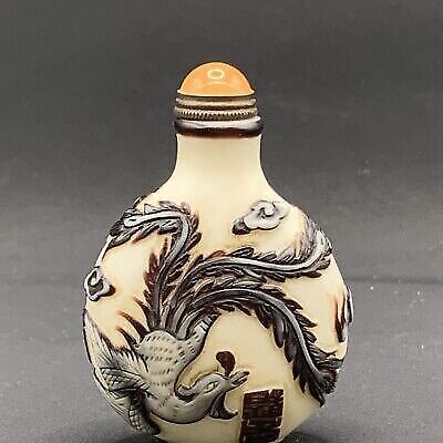 chinese glass Old Beijing exquisite dragon phoenix statue snuff bottle carving
