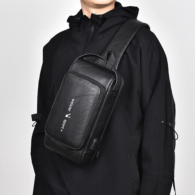 Top PU Leather Men's Crossbody Bag, Password Lock Sling Backpack Casual Daypack