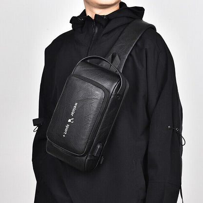Top PU Leather Men's Crossbody Bag, Password Lock Sling Backpack Casual Daypack