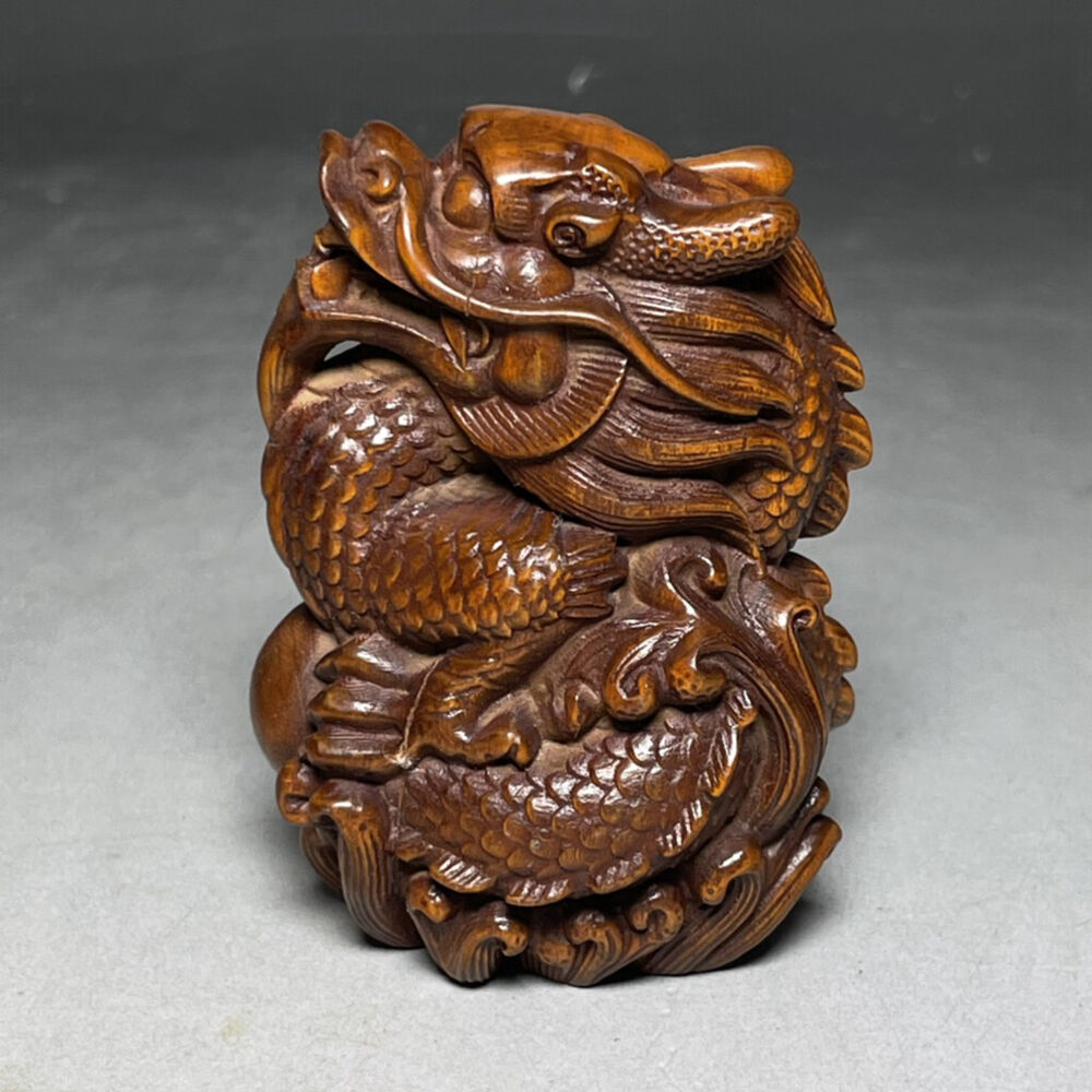 Chinese handmade Natural Boxwood Hand-carved Exquisite Dragon Statue gift