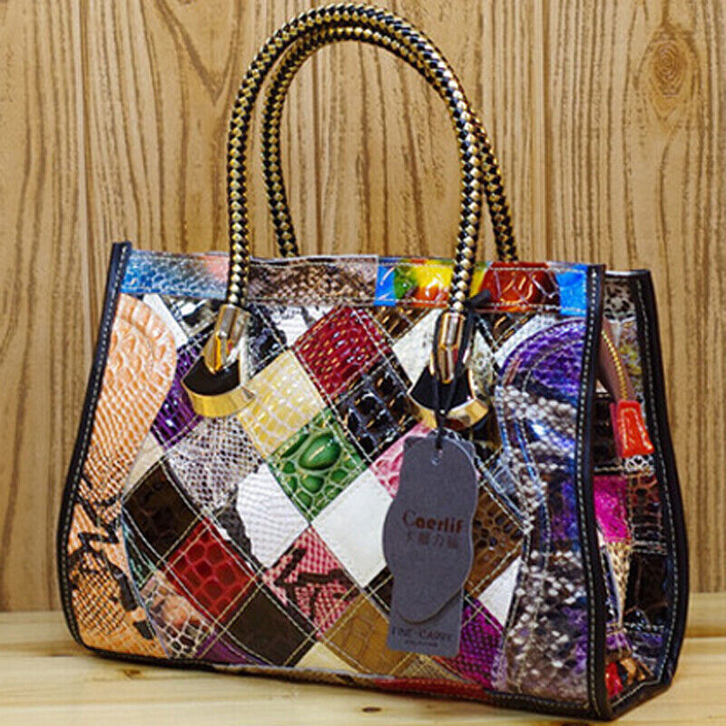 Women's Genuine Leather Snake Blocks Colorful Handbag Shoulder Satchel Tote Bag