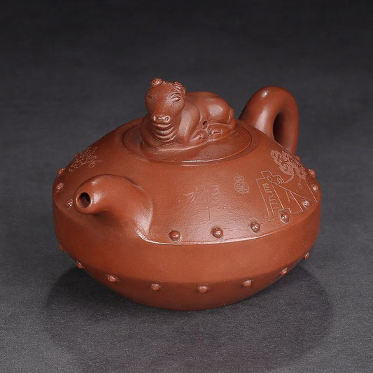 Vintage Chinese Yixing Purple Clay Teapot Zisha Ceramic Carving Cattle Teaware