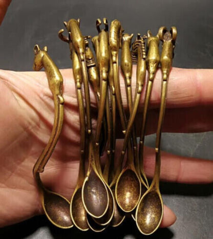 12pc Chinese Old Brass HandCarved twelve chinese zodiac signs spoon statue