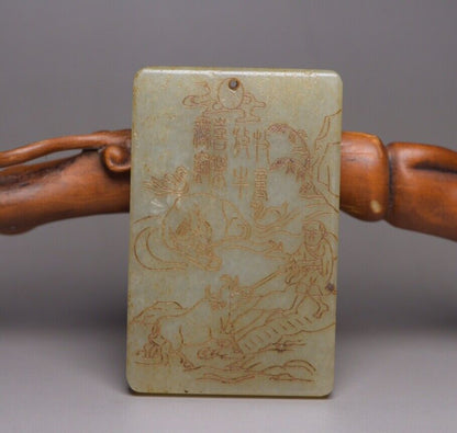 Chinese Natural Hetian Jade Carved Dragon Statue Figure Story Pendant Jewelry