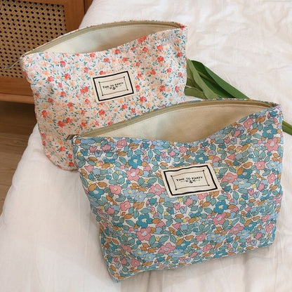 Floral Makeup Bag Large Cotton Fabric Cosmetic Traveling Case Storage Organizer