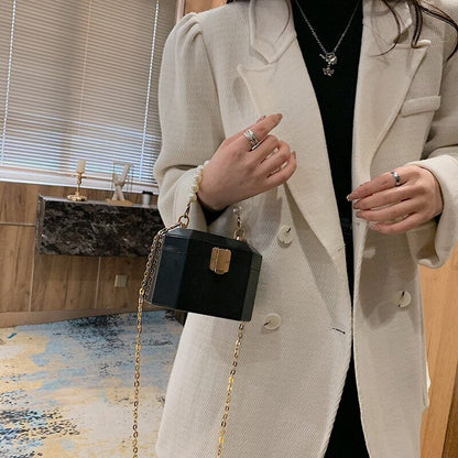 Box Handbags Women Pearl Beads Decor Lock Chain Shoulder Bag Purses Bag