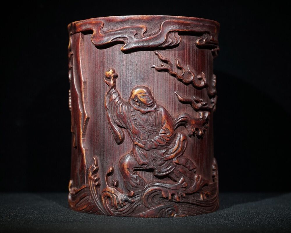 6" chinese carved brush pot pots dragon statue antique wood carving buddha Arhat