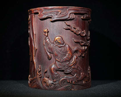 6" chinese carved brush pot pots dragon statue antique wood carving buddha Arhat