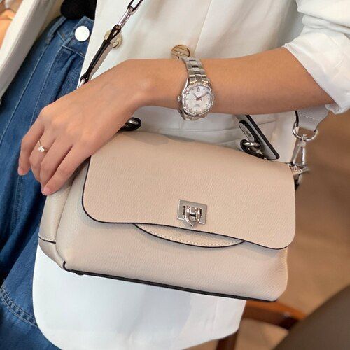 Beige Handbag Genuine Cow Leather Shoulder Bag Flap Elegant Real Leather Handbag