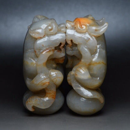 Chinese Antique Hetian Jade Carving Exquisite A Pair Lion Statue Sculpture Rare