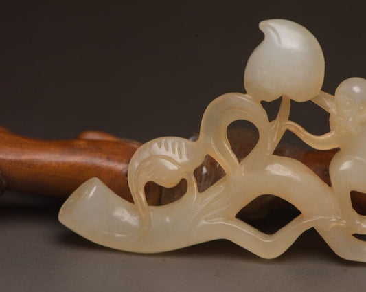 Old Peking Chinese Hetian Jade Carving Peach Monkey Statue Unique Wonderful Art