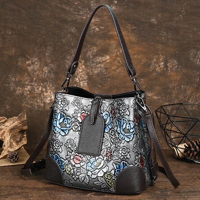 Vintage Women's Hi-Q Genuine Leather Handbags Embossed Designer Shoulder Bags