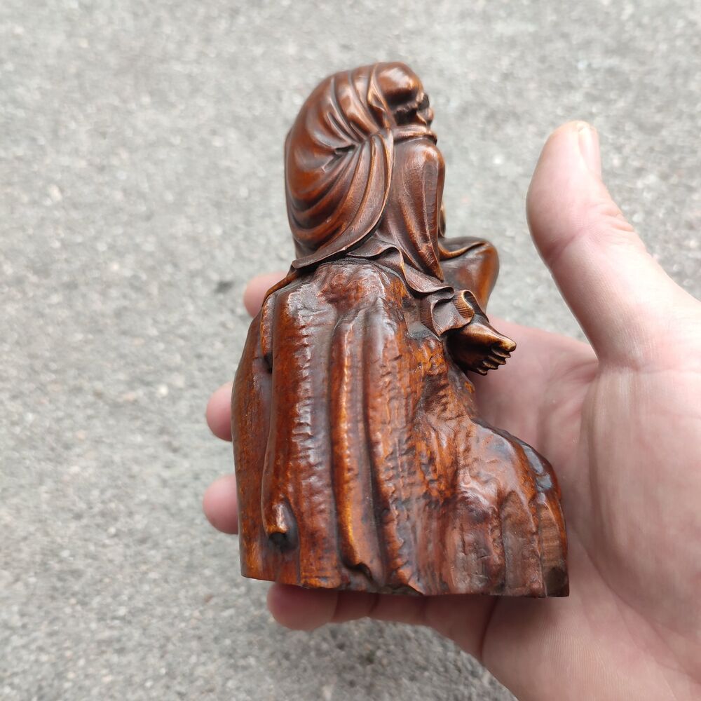Chinese Boxwood Carving Monk Wooden Buddha Statue Figurine Dharma Home Decor Art