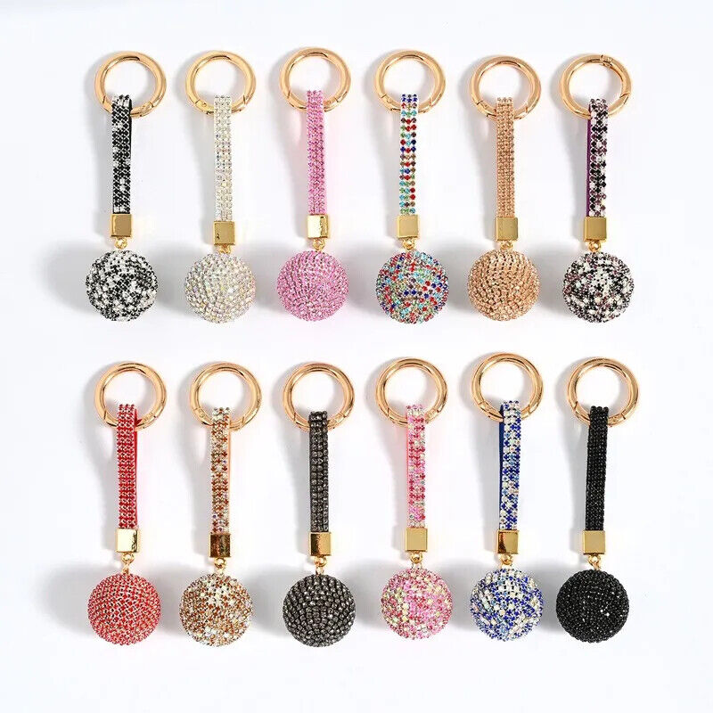 Rhinestone Ball Leather Strap Key Chain Pendant Charm Crystal Purse Bag Car Ring