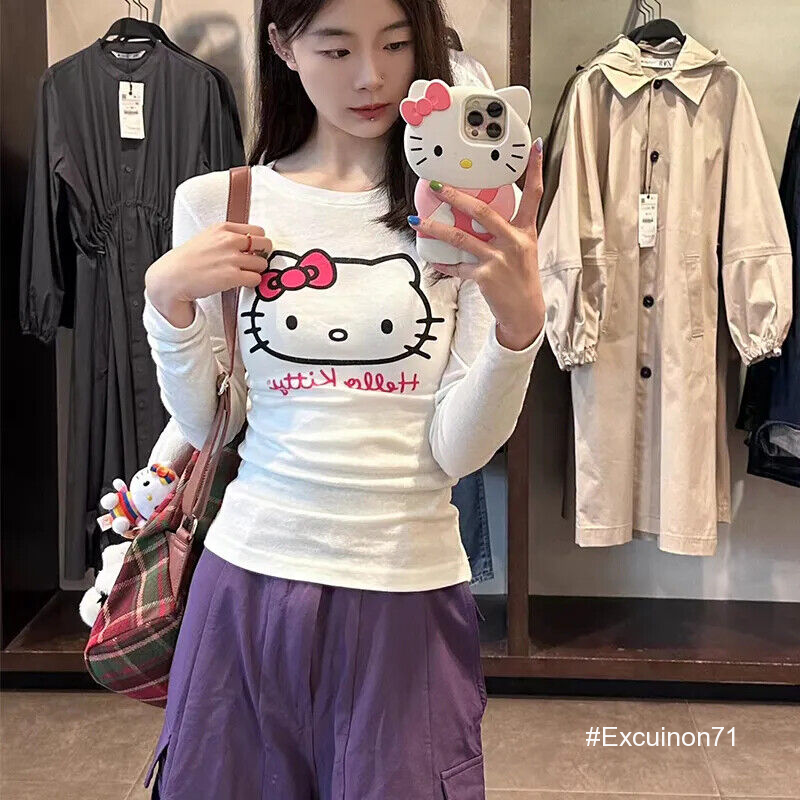 Hello Kitty cute Long Sleeved T Shirt Sexy Printed Round Neck Women Y2K Slim Top