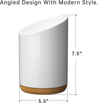 Ceramic Utensil Holder for Kitchen Countertop Caddy Organizer with Wooden Base