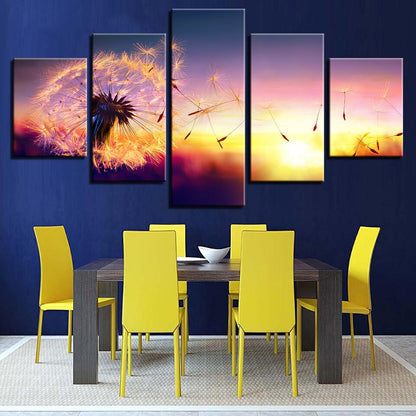 Dandelion Flower Sunset Meadow Landscape Painting 5 Panel Canvas Print Wall Art