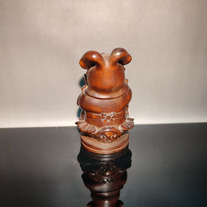Chinese Natural Boxwood Rabbit Wealth Money Wooden Statue Decorative Sculpture