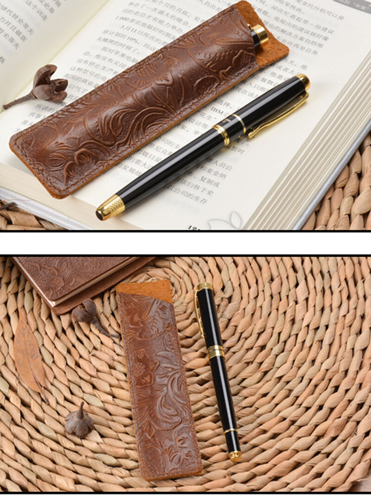 Handmade Cowhide Leather Carved Vintage Pencil Case Stationery Storage Bag