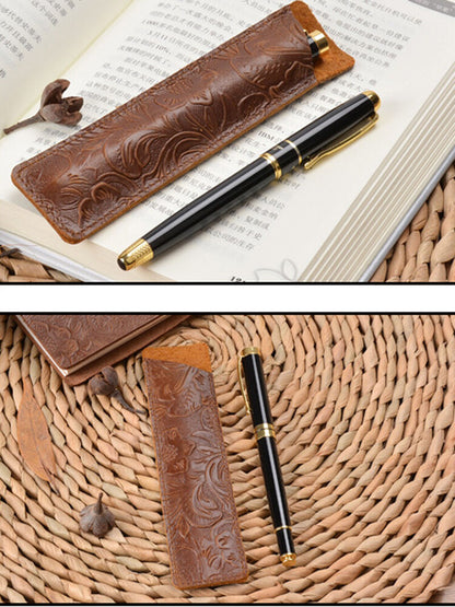 Handmade Cowhide Leather Carved Vintage Pencil Case Stationery Storage Bag