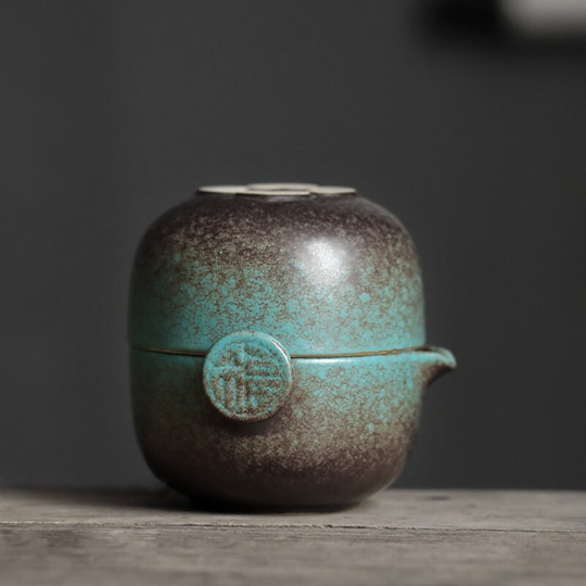 Green Ceramic Teapot with 2 Cups Travel Tea Set with Bag